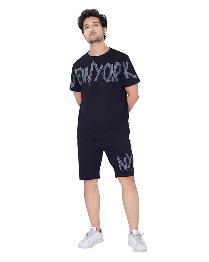 WEET Cotton Round Neck Co-ord Set for Men’s Half Sleeve T-Shirt and Shorts, Printed Casual Sleepwear & Loungewear Night Suits Set 117