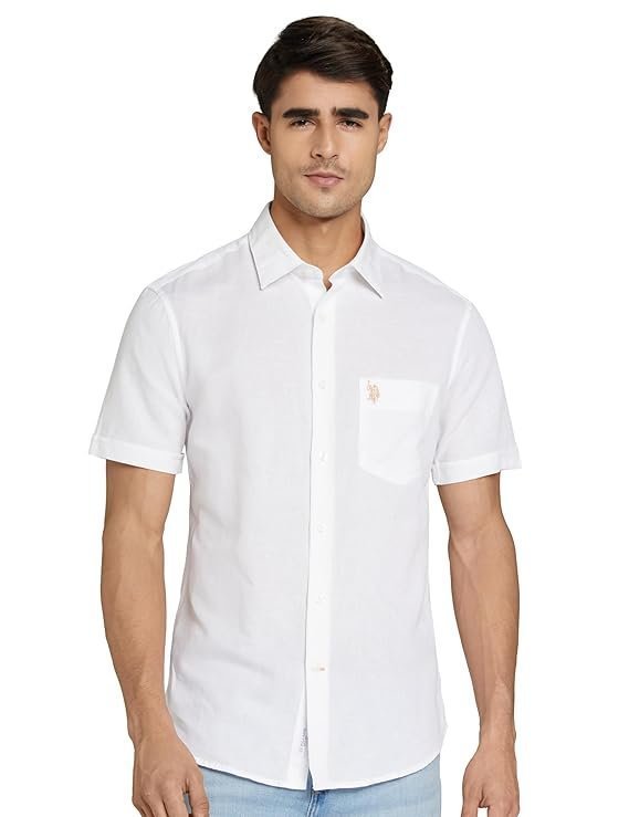 U.S. POLO ASSN. Men’s Solid Cotton Linen Spread Collar Half Sleeve Shirts