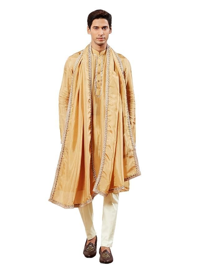 VASTRAMAY Men’s Tissue Silk Kurta Pyjama And Dupatta Set – Full Sleeves with Lace Detailing, Golden Border Dupatta for Weddings & Festive Occasions