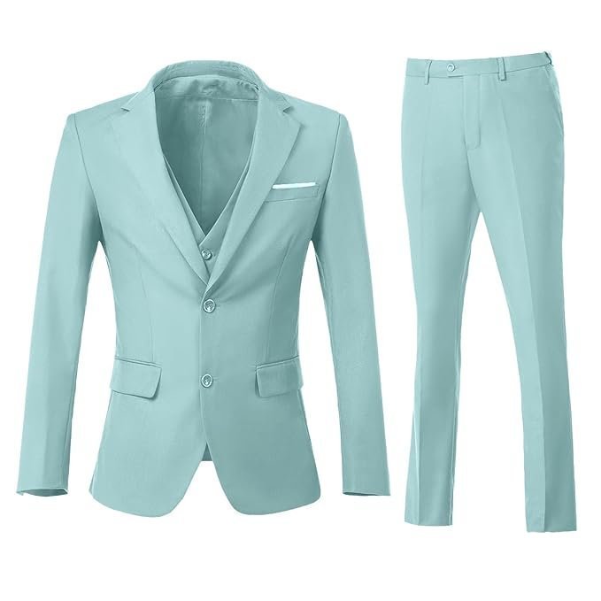 ZKHOECR Men’s 3 Piece Slim Fit Suit Set, Two Button Blazer Solid Jacket Vest Pants Wedding Business Suit
