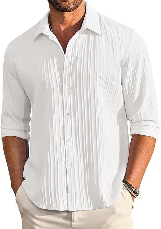 CB-COLEBROOK Men’s Casual Button Down Shirts Long Sleeve Linen Shirt Fashion Textured Beach Summer Shirts