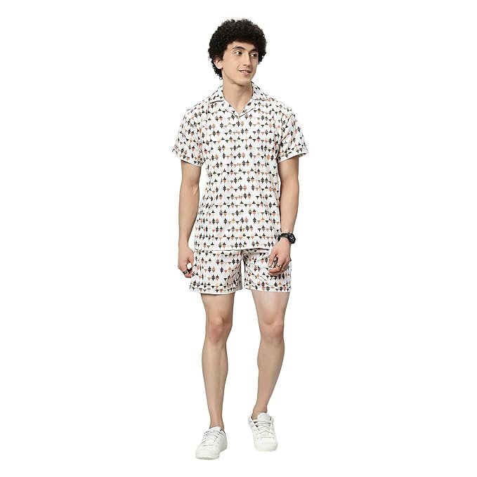 GLOBALRANG Men’s Printed Pajama Set/Co-ord Set/Night Wear/Beach Wear (Cream, Large)