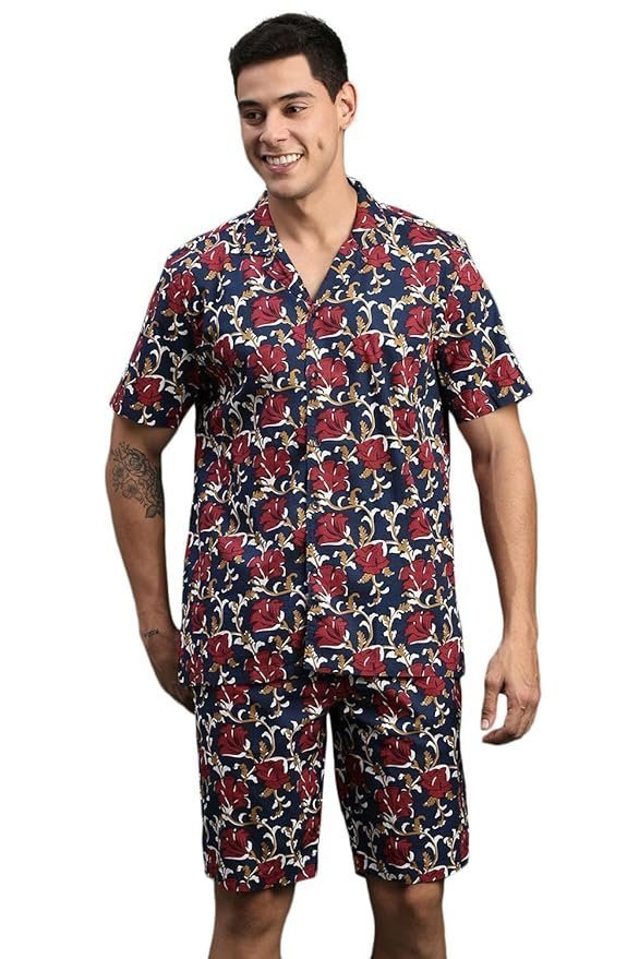 SHOWOFF Men’s Printed Cuban Collar Navy Blue Relaxed Fit Co-Ords Set-Lucas-3131_NavyBlue