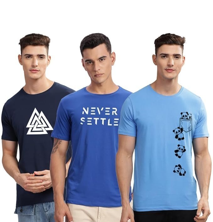 ADRO 100% Cotton Lycra Tshirts for Men Combo Pack of 3 | Regular Fit | Printed T Shirt | Round Neck Half Sleeve| Mens Tshirts